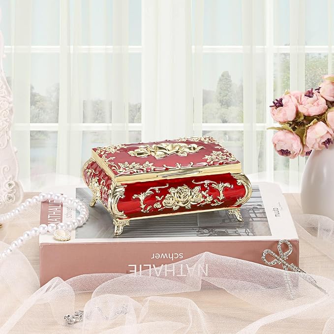 ELLDOO Vintage Music Box, Gold Metal Musical Jewelry Box Keepsake Box, Small Trinket Jewelry Storage Box Gift for Girl Women (Tune: You are My Sunshine), Red