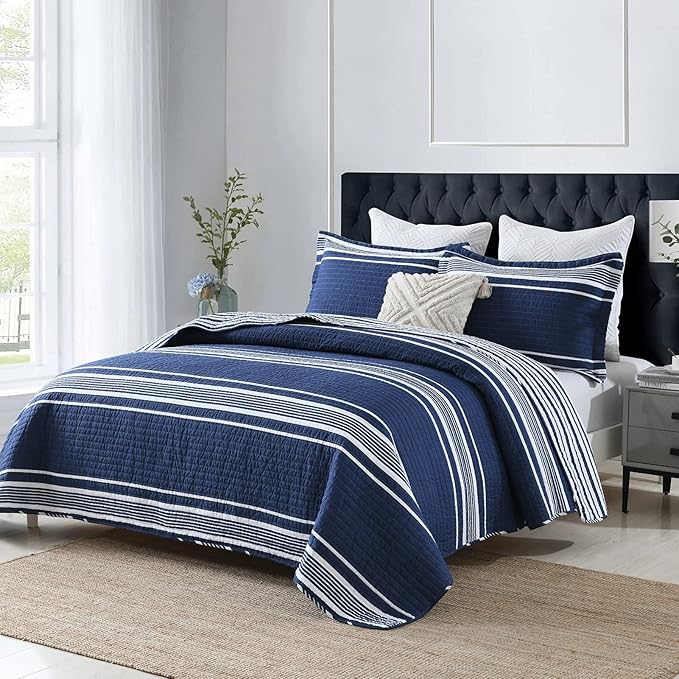 Y-PLWOMEN Quilt King Size - 100% Cotton King Size Bedspread, Navy Blue Striped Quilt for King Bed, Lightweight Reversible All Season, 3-Piece