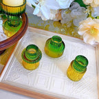Double Sided Vintage Ribbed Taper Glass Candle Holders,Tea Candle Holder for Table Centerpieces, Wedding Decorations and Dinner Parties (Yellow Green, 3 PCS)