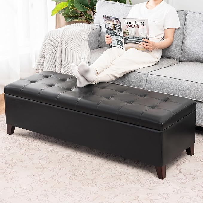 Joveco Storage Ottoman Bench, 51 Inch Leather Tufted Upholstered Bench for End Foot of Bed, Bedroom, Living Room, Black