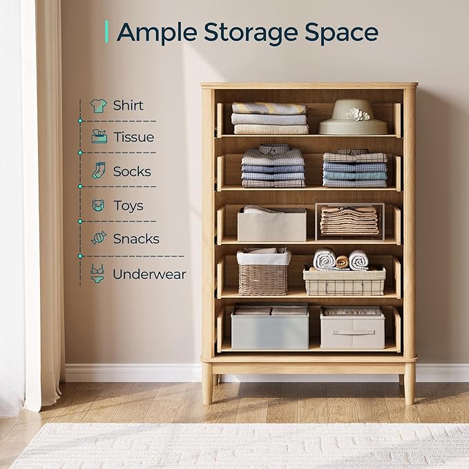 LINSY HOME Fluted Dresser for Bedroom with 5 Drawers, 46" Tall Mid Century Modern Dressers, Wide Boho Chest of Drawers, Large Wood Accent Storage Cabinet for Living Room, Curved Profile Design, Oak