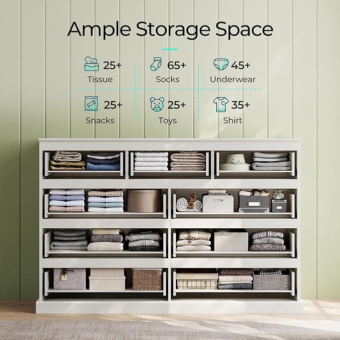 LINSY HOME 9 Drawer Dresser for Bedroom, 53" Wide Chest of Deep Drawers, Modern Farmhouse Wood Dressers with Storage, Large Drawer Organizer for Bedroom, Living Room, Handless Design, White