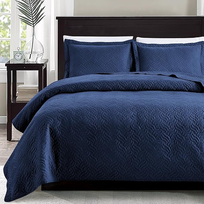 Love's cabin King Size Quilt Set Navy Blue Bedspreads - Soft Bed Summer Lightweight Bedspread Comforter - Modern Style Wave Pattern Coverlet for All Season - 3 Pieces (1 Quilt, 2 Pillow Shams)