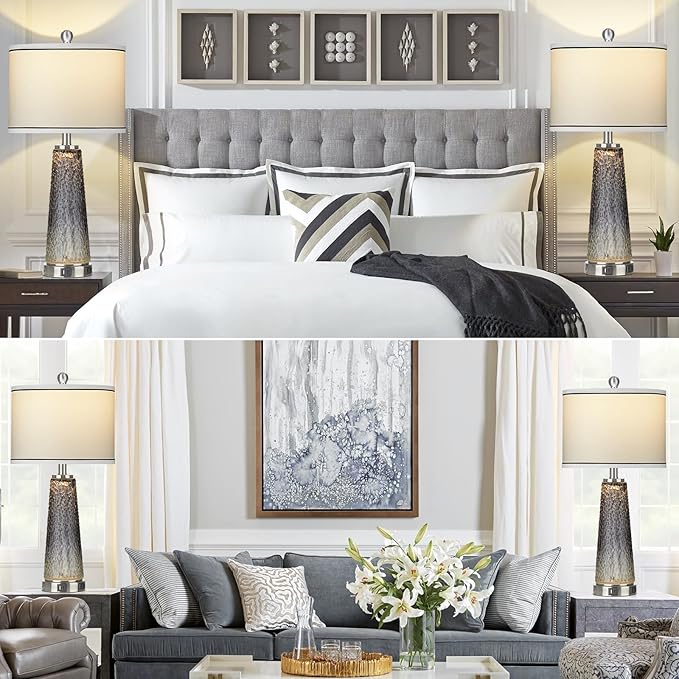 Glass Table Lamp Set of 2, 26" Modern Table Lamps with USB A+C Ports & AC Outlet, Touch Control Bedside Nightstand Lamp with LED Night Light for Living Room Bedroom Home Decor Black(4 Bulbs Included)