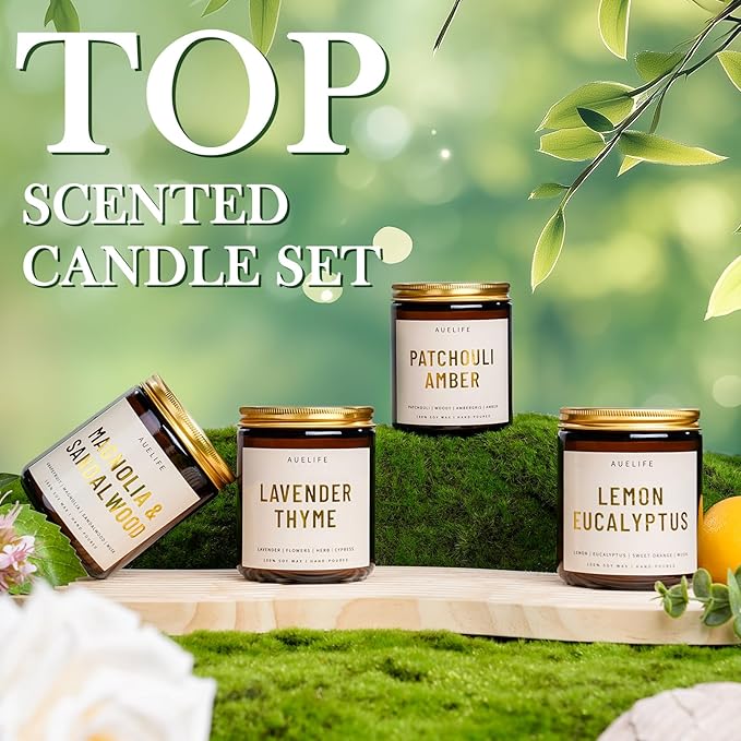 4 Pack Scented Candles Set | Scented Candles for Home, Candle Gifts for Women Men, Soy Candle for Home, Aromatherapy Gift of Amber Patchouli/Lemon Eucalyptus/Lavender/Sandalwood