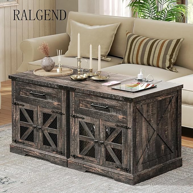 Farmhouse End Table with Charging Station, 24" Large Sofa Side Table with Drawer, Large End Table for Living Room, Wooden Nightstand with Outlet, Square, Dark Rustic Oak