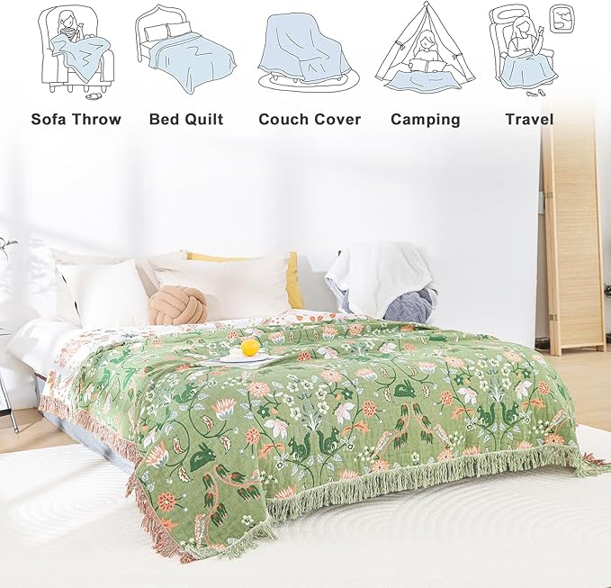 MSGKV Cotton Bed Blanket for Couch and Sofa Blankets for Living Room Bedroom Reversable Florals and Animals Throw 80"x90" Breathable Cozy Boho Blankets