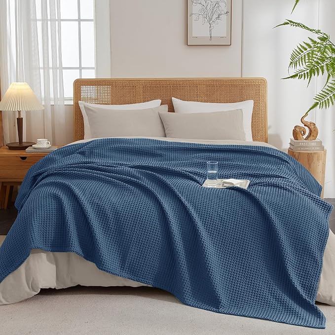 PHF Ultra Soft Waffle Weave Blanket King Size 104"x 90"- Washed Lightweight Breathablee Cozy Woven Blanket - Great for Couch Bed Sofa Home Car - Navy Blue