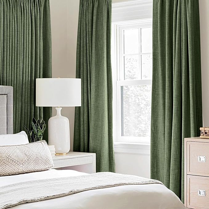 MIULEE 100% Blackout Linen Textured Curtains for Bedroom Solid Thermal Insulated Olive Green Grommet Room Darkening Curtains & Drapes Luxury Decor for Living Room Nursery 52 x 90 Inch (2 Panels)