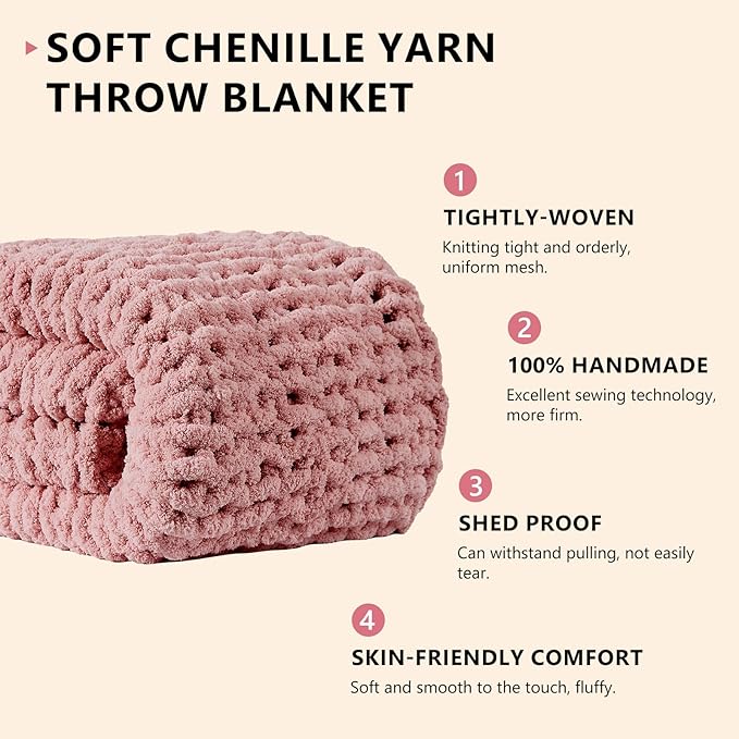 L'AGRATY Chunky Knit Blanket Throw: 80''x90'' Chenille Chunky Knitted Throw Blanket for Bed Couch - Handmade Thick Big Cable Knit Blanket - Large Chunky Crochet Blanket for Home Decor(Rose Pink)