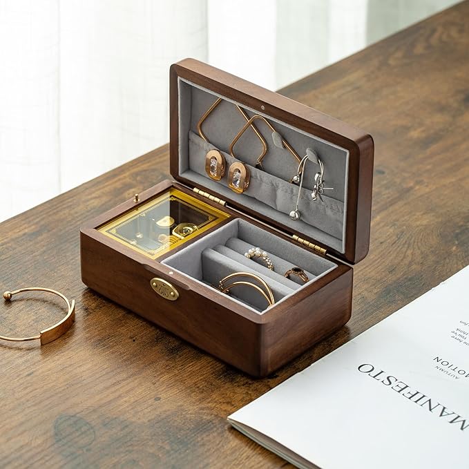 Golden Decorative You Are My Sunshine Music Box Sunflower Jewelry Gifts Crystal Glass Observation Chamber Jewelry Box with Necklace Hooks Thinking of You Mom Gifts Anniversary Birthday Gifts