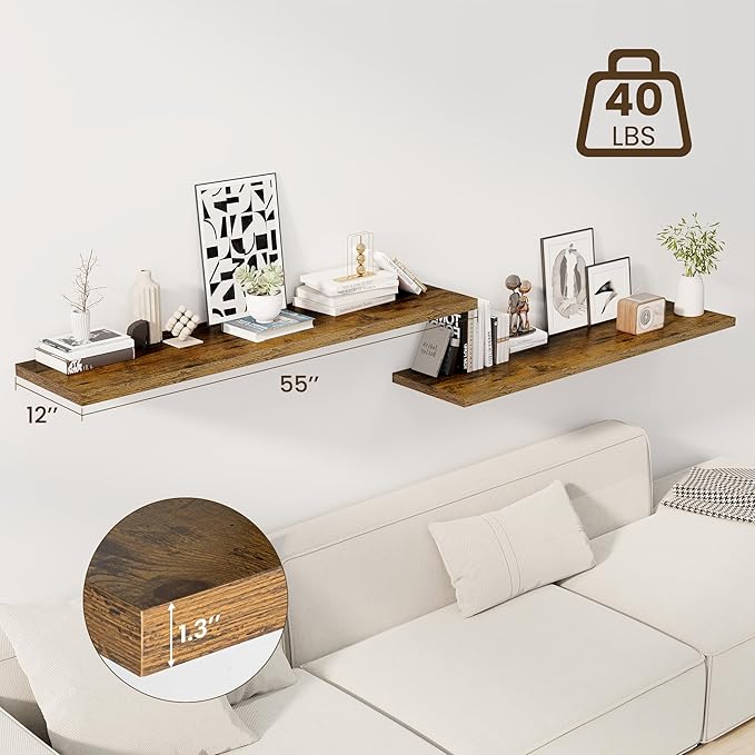 Dreamland 55" Floating Shelves for Wall, 12" Deep Slim Rustic Brown Floating Shelves, Wall-Mounted Shelves for Bedroom, Living Room, Kitchen, Bathroom - Set of 2