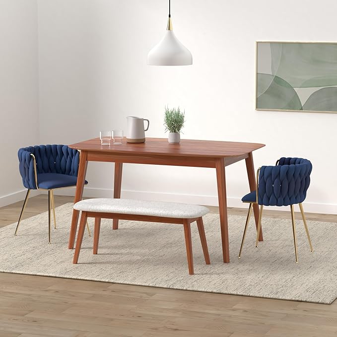 Nrizc Woven Dining Chairs Set of 4, Velvet Upholstered Dining Chairs with Gold Metal Legs, Modern Accent Chairs for Living Room, Dining Room, Kitchen (Blue)