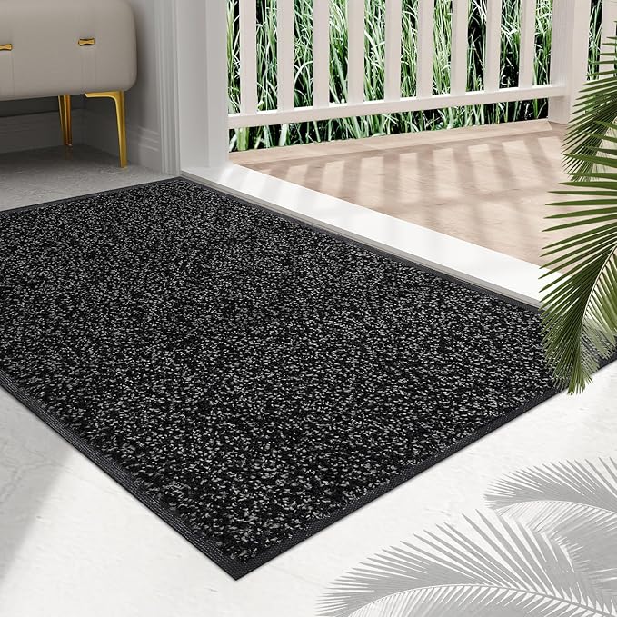 Mibao Front Door Mat, Dirt Trapper Welcome Mat for Outdoor Indoor, Non-Slip Waterproof Doormat, Durable Machine Washable Low Profile Entry Rug for Back Door Outside Patio Porch, 30" x 18", Black
