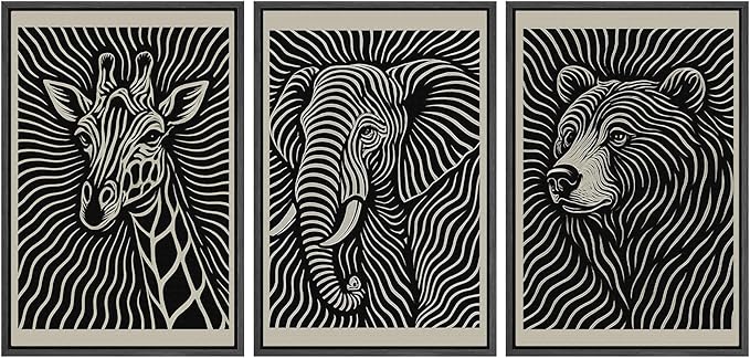 SIGNWIN Framed Canvas Print Wall Art Wildlife Portrait Giraffe, Elephant, and Bear Photography Modern Art Minimalist Black and White for Living Room, Bedroom, Office - 16"x24"x3 Black