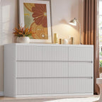 White 9 Drawers Dresser, 57" Wide Fluted Dresser for Bedroom, Modern Chest of Drawers with Curved Profile, Handleless, Wooden TV Stand with Organizer Storage for Living Room, Entryway