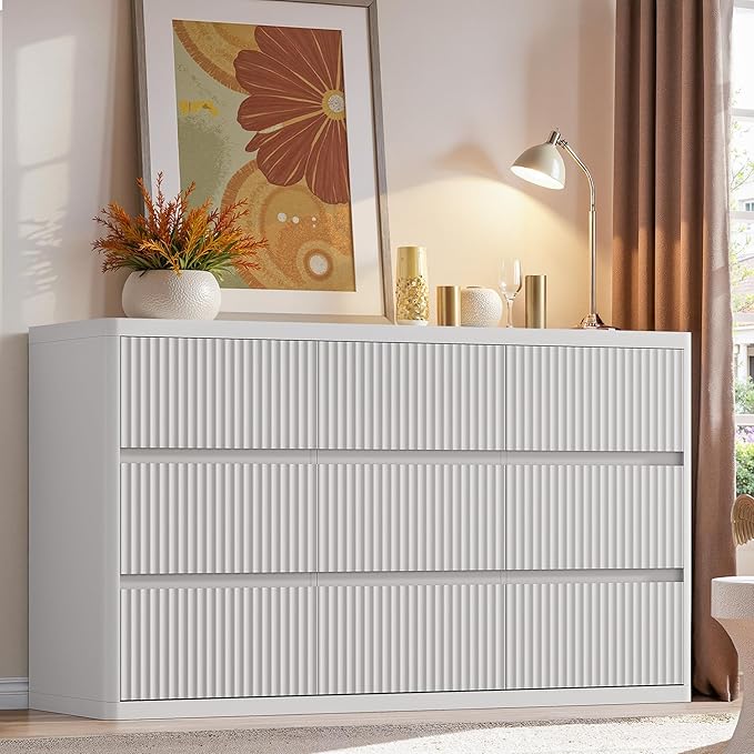 White 9 Drawers Dresser, 57" Wide Fluted Dresser for Bedroom, Modern Chest of Drawers with Curved Profile, Handleless, Wooden TV Stand with Organizer Storage for Living Room, Entryway