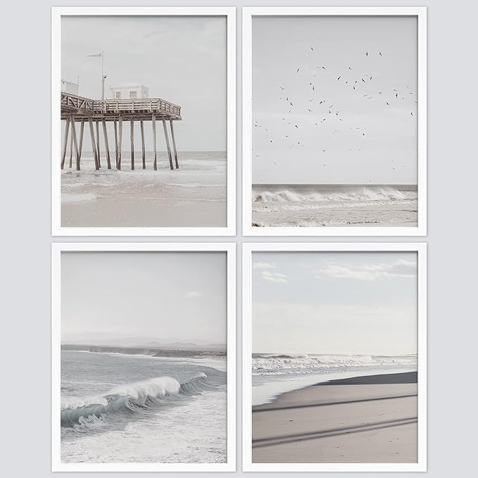 SIGNWIN Framed White Minimalist California Ocean Beach Seashore Pier Wall Art, Set of 4 Landscape Colorful Wall Decor Prints, Nature Wilderness Wall Décor for Living Room, Bedroom - 12"x16" White