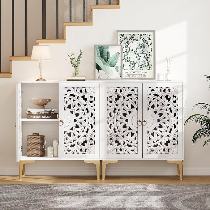 Accent Cabinet with Doors,Storage Cabinet with Gold Legs and Adjustable Shelf, Sideboard Buffet for Living Room,Entryway,Dining Room,Bedroom,White