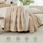 Amélie Home Luxury Striped Faux Fur Throw Blanket for Couch, Embossed Split Fur Cozy Fuzzy Fluffy Luxurious Soft Plush Sofa Chair Bed Gift Blankets for Women Men Wife Friend, 60"x80", Beige