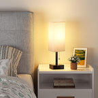 Small Linen Bedroom Lamp - 3 Color Temperature 3000K 5000K 4000K Bedside Lamp, Pull Chain Control, USB A and C Charging Ports, Black Base, for Kids Office Dorm, Bulb Included