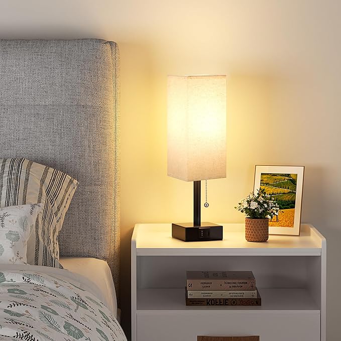 Small Linen Bedroom Lamp - 3 Color Temperature 3000K 5000K 4000K Bedside Lamp, Pull Chain Control, USB A and C Charging Ports, Black Base, for Kids Office Dorm, Bulb Included