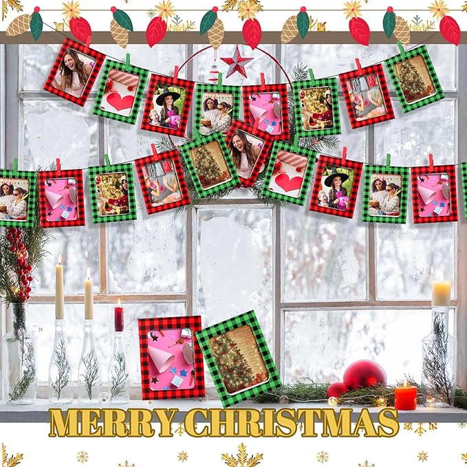 Janlaugh 100 Pcs Christmas Paper Photo Frames 4x6 Red and Green Paper Picture Frame with 100 Clip 10 String Kit DIY Hanging Cardboard Photo Holder Christmas Wall Decor Wedding Home