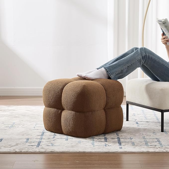 ONEVOG 21" Dark Brown Modern Ottoman, Square Fuzzy Couch Sherpa Pouf Ottoman, Tufted Fluffy Boucle Fabric Foot Stools, Upholsered Footrest & Coffee Table for Living Room Bedroom, Cute Pouf Home Decor