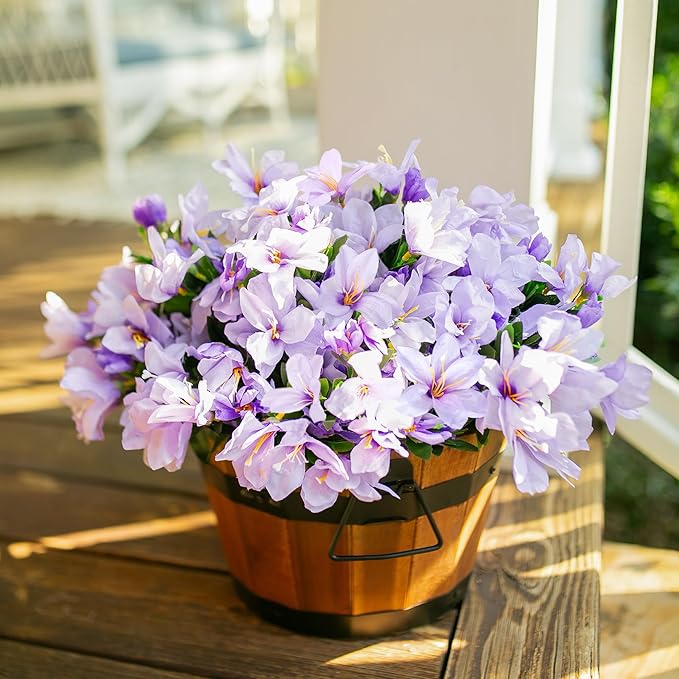 Artificial Flowers for Outdoors, 3 Bundles Fake Silk Azalea Bouquet Faux Flower Plants Outside Decoration UV Resistant Realistic Fake Flowers for Planter Front Door Patio Garden Walkways Home, Purple