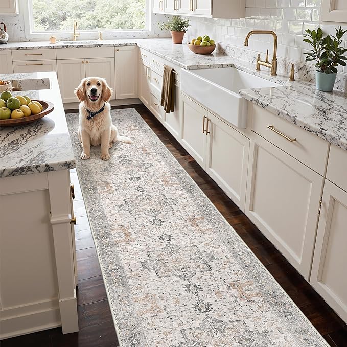 GENIMO Runner Rug 2x10 Machine Washable Non Slip Vintage Hallway Runner Rug, Low Pile Lightweight Rugs for Indoor Entryway, Hallway, Kitchen and Corridor, Light Taupe Brown