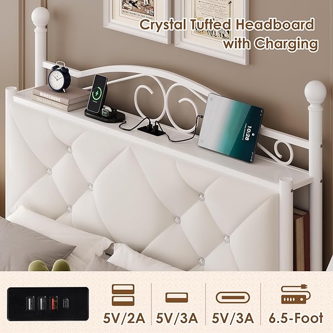 Queen Upholstered Canopy Bed Frame with 2 Drawers & Crystal Tufted Storage Headboard Metal Platform Bed with Charging Station & 4 Removable Posts No Box Spring Needed Curtain Not Included, Beige