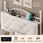 Queen Upholstered Canopy Bed Frame with 2 Drawers & Crystal Tufted Storage Headboard Metal Platform Bed with Charging Station & 4 Removable Posts No Box Spring Needed Curtain Not Included, Beige