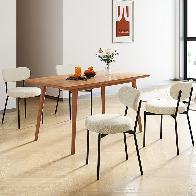 Dining Chairs Set of 4 pcs, Boucle Comfortable Upholstered Seat Fabric with Curved Backrest, Mid Century Modern Contemporary Scandinavian Designer Chairs Ideal for Dining Room, Kitchen, White