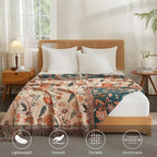 Boho Throw Blanket for Couch Sofa Bed, 100% Cotton Woven Quilt with Tassel 80”x90”, Super Soft Muslin Blanket with Floral Printed, Decorative Reversible Bed Blanket/Cover for All Seasons
