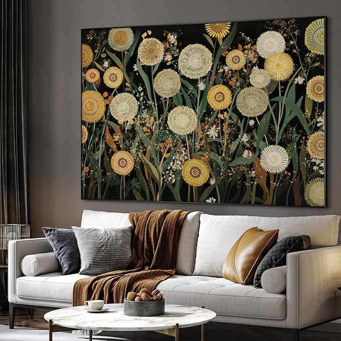 SIGNWIN 46"x60" Extra Large Framed Wall Art Whimsical Dandelion Field in Yellow and Green, Playful Botanical Print for Home Living Room Bedroom Decor (Frame Assembly Required)