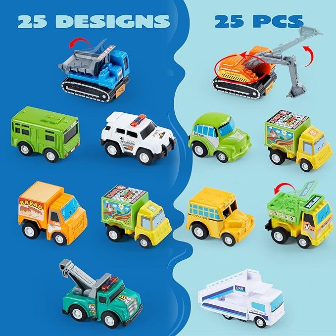 JOYIN 25 Pieces Pull Back Cars and Trucks Toy Vehicles Set for Toddlers, Girls and Boys Kids Play Set, Die-Cast Car, Party Favors, School Gifts, Goodie Bags Stuffers for Kids, Christmas Birthday Gifts