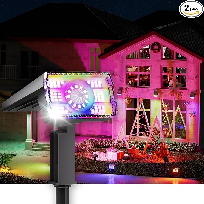 Solar Spot Lights Outdoor 2-Pack Multicolor IP65 Waterproof RGB - 6 Colors, 2 Modes, 105° Adjustable 58 LED Flood Lights, Solar Powered Spotlights for Yard, Garden, House & Landscape Lighting Outside