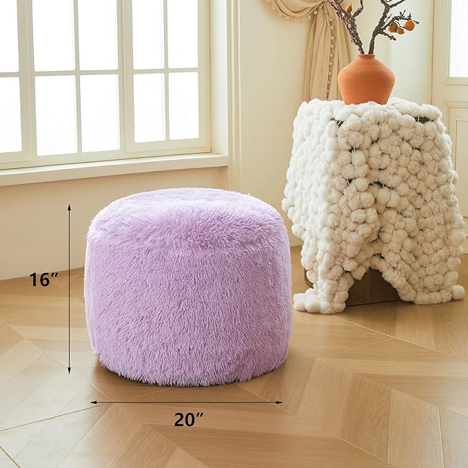 XeGe Fluffy Faux Fur Inflatable Pouf Ottoman, Soft Fuzzy Foot Stool Light Purple, Furry Footrest Floor Pouf Anti-Slip Kid Girls Adult, Foldable Round Ottoman Cushion Living Room Bedroom, Lavender