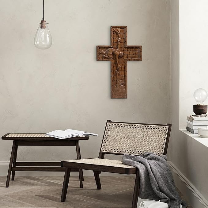 BGCOPPER Crucifix Wall Cross Handmade Wooden Cross with Hook, Christian Wall Art Jesus Wall Cross Gifts for Church Home Room Decor Christmas Cross - 14 Inch