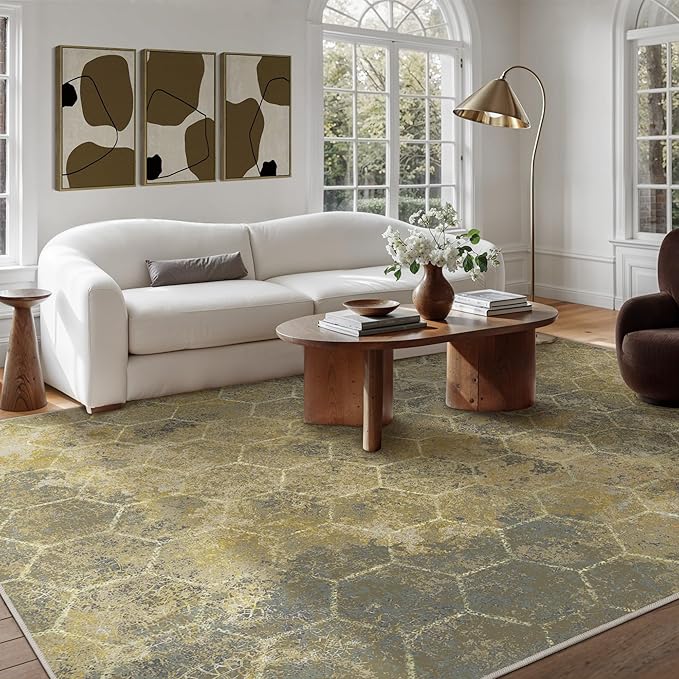 Area Rugs 8x10 for Living Room Bedroom, Modern Abstract Honeycomb Geometric Design, Machine Washable Rug, Large Soft Low Pile Floor Cover with Non Slip Backing for Dining Room, Brown/Tan