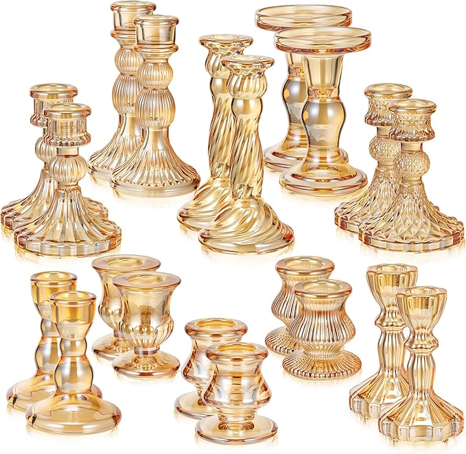 Mumufy 20 Pcs Glass Crystal Taper Candle Holders Clear Glass Candlestick Holder Fit 0.8 Inch Candles Crystal Decorative Candle Stand Centerpiece Table Wedding Dining Party (Gold)