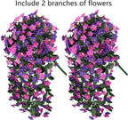 Artificial Fake Hanging Flowers Plants Vines for Outdoor Summer Decoration, 2PCS Faux Silk Orchid Long Stems Look Real UV Resistant for Home Outside Garden Wall Indoor(Dark Purple and Fuchsia)