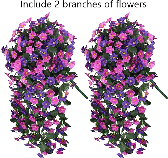 Artificial Fake Hanging Flowers Plants Vines for Outdoor Summer Decoration, 2PCS Faux Silk Orchid Long Stems Look Real UV Resistant for Home Outside Garden Wall Indoor(Dark Purple and Fuchsia)