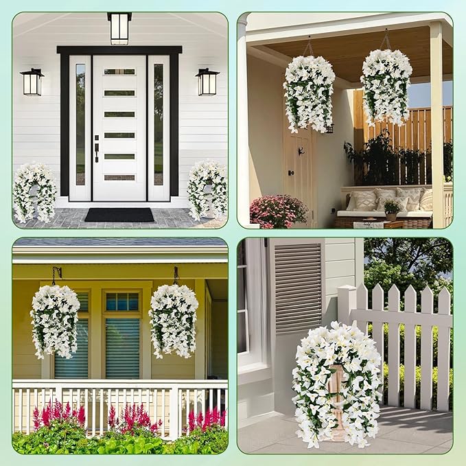 Artificial Bougainvillea Flowers for Outdoor Plant,2 pcs Faux Hanging Flowers Bougainvillea for Outside Decoration,Fake Silk UV Resistant Vines for Front Door Porch(White)