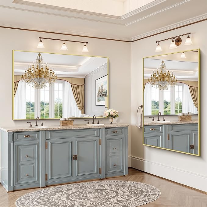 YIROMAN Bathroom Mirror 60"x40", Large Brushed Gold Bathroom Mirror for Over Sink with Aluminum Frame, Rectangular Vanity Mirror with Right Angle, Wall Mirror Hangs Horizontal or Vertical