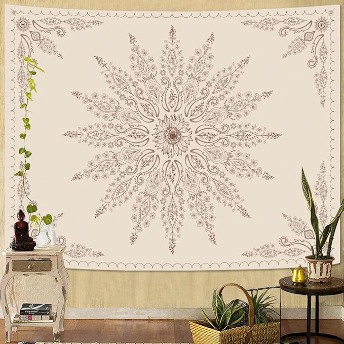 Fowocu Boho Floral Mandala Tapestry for Bedroom Aesthetic Bohemian Flower Wall Tapestry Beige Hippie Indian Extra Large Tapestries Wall Hanging for Living Room Dorm Decor 90 x 68 Inch