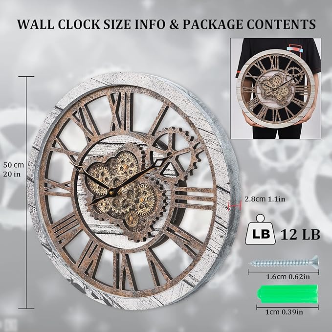 HOIBAI Large Wall Clock, 20 Inch Wall Clocks for Living Room Decor Farmhouse Vintage Rustic Kitchen Wall Decor Vintage Roman Big Oversized Wall Clock for Home Bedroom House Office, Moving Gears Clock