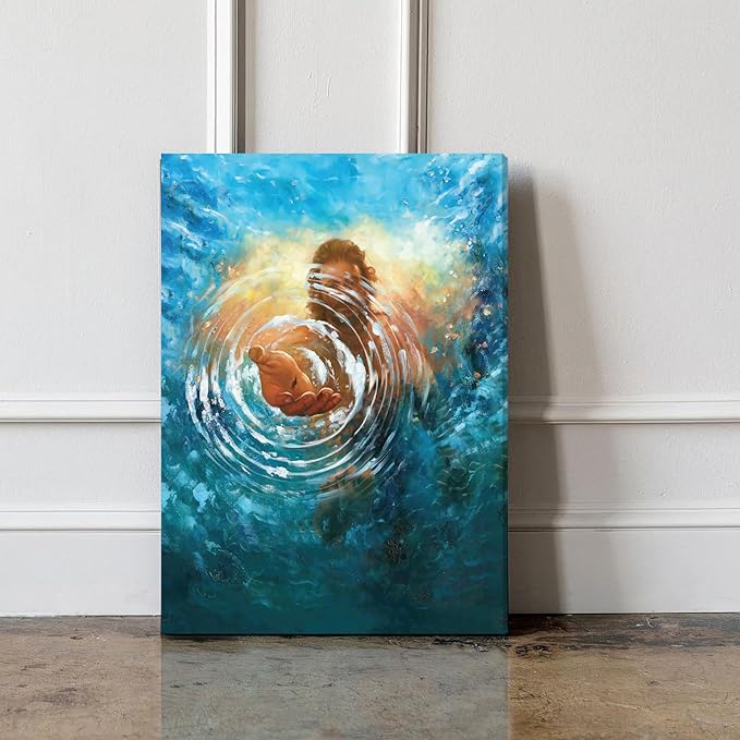 Framed Jesus Christ Canvas Wall Art The Hand of God Jesus Reaching Into Water Christian Painting Prints Biblical Wall Decor Religious Room Decor for Church Prayer Room Schools Hospitals 12" x 16"