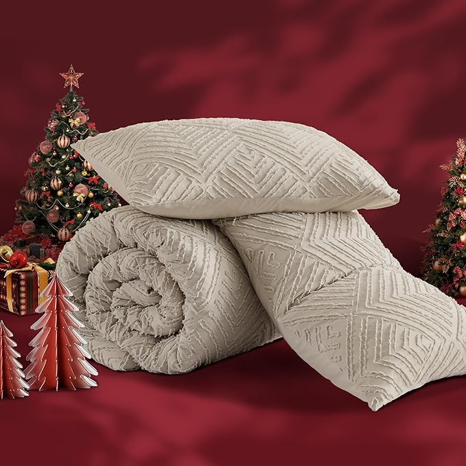 Andency Oversized King Comforter 128''x120'', 3 Pieces Oatmeal Boho Bedding Set & Collections, All Season Soft Farmhouse Tufted Fluffy Bed Set (1 Comforter, 2 Pillowcases)