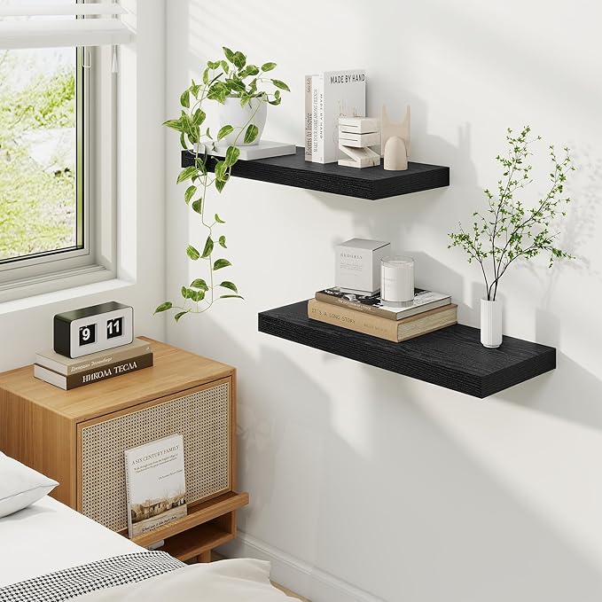 Fun Memories Floating Shelves for Wall, 24 Inch Rustic Wood Wall Mounted Shelves for Bathroom, Bedroom, Living Room, Deep Floating Shelves for Storage & Home Decor (Black, Set of 2)